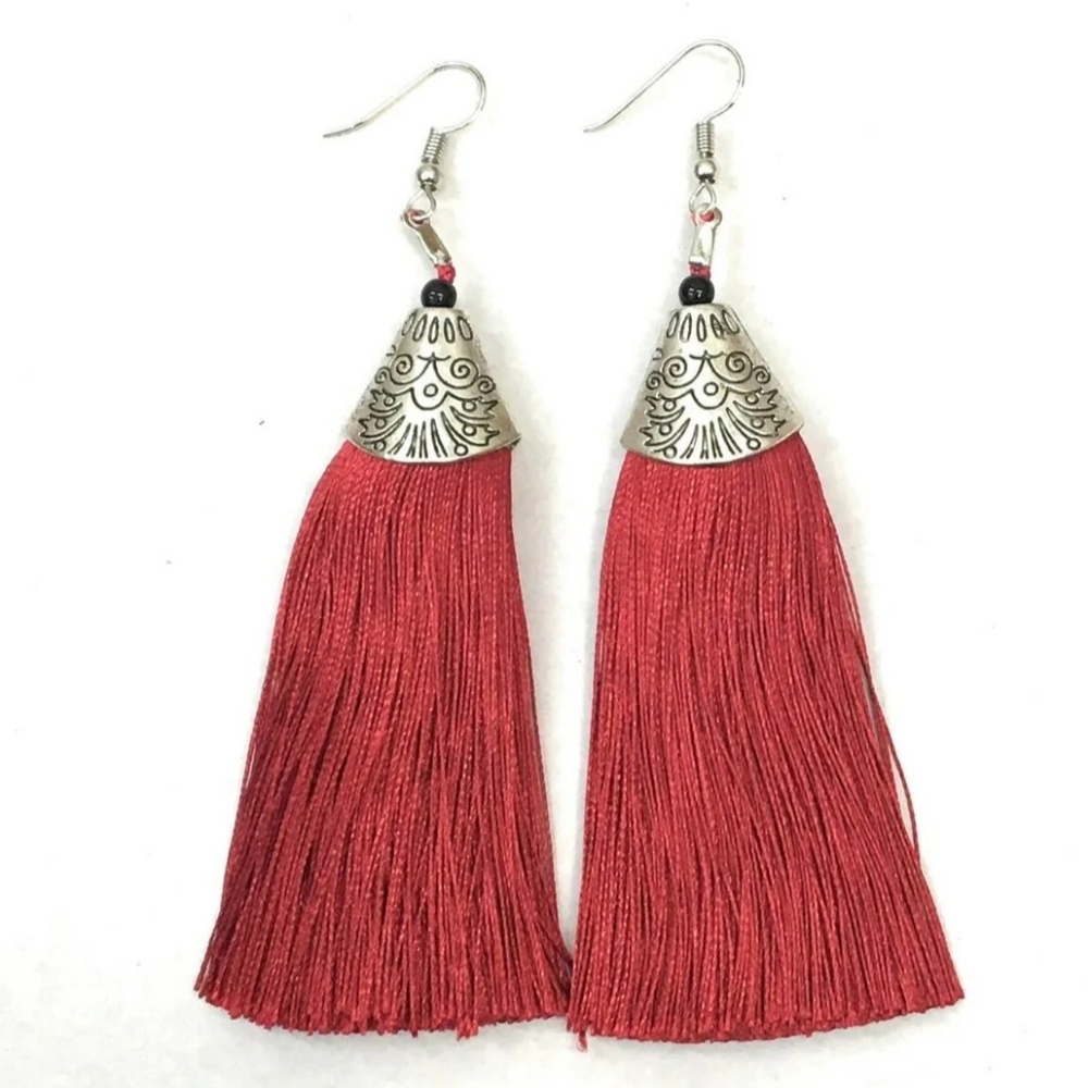 Hand Crafted Red Tassel Earrings with Silver Caps